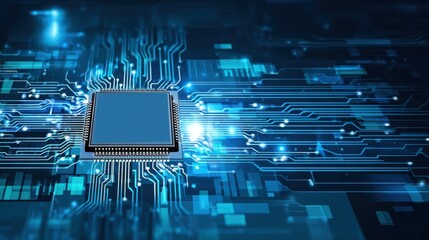 Center digital chip on digital blue board reflects Tech Network, AI Circuitry, Energy Flow powering modern tech innovation