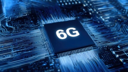 White 6G label on glowing chip set in blue board, showing future of wireless speed in Tech Network and AI Circuitry powered by Energy Flow concept