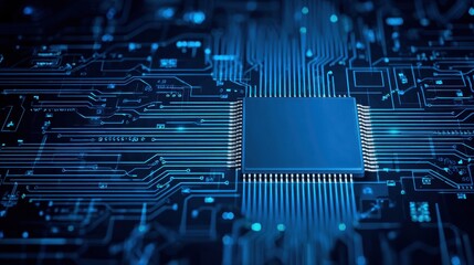 Blue digital board with chip and bright data lines, showing fast connections and smart systems in Tech Network, AI Circuitry, and Energy Flow design