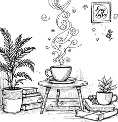 Cozy Coffee Nook  Monochrome Illustration of Steaming Cup, Plant, Books, and Wall Sign Creating a Calm, Artistic Café Corner Atmosphere
