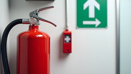 Modern Red Fire Extinguisher with Safety Signage and First Aid Kit in Office Setting