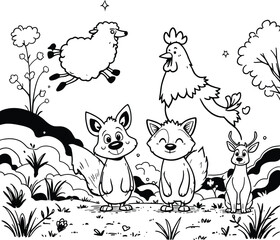 Woodland Playtime Parade Cartoon Foxes, Deer, Sheep, and Rooster in Lively Poses Amid Trees, Bushes, Hearts, and Stars in Monochrome Style