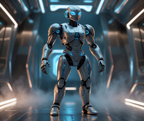 Futuristic humanoid robot with glowing blue eyes and accents android science fiction