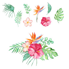 Bouquet of tropical flowers and leaves in watercolor style for summer designs