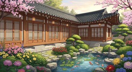Traditional Korean Hanok House with Lush Garden and Pond