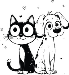 Paws & Hearts Cartoon Cat and Dog Sitting Together with Smiling Faces, Surrounded by Floating Hearts and Stars in a Monochrome Pet Scene