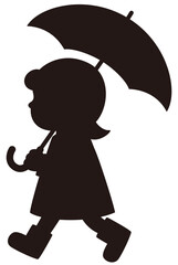 レインコートを着て傘をさしながら歩く子供のベクターシルエットイラスト／髪の毛あり(Vector Silhouette Illustration of a Child Walking with an Umbrella in a Raincoat (With Hair))