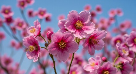 Fototapeta premium Vibrant Pink Azalea Blossoms Against Blue Sky