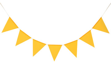 A string of yellow triangular pennant banners isolated on transparent white background 