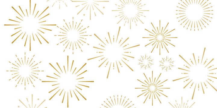 Golden fireworks on white background, Vector clipart of modern simple style confetti fireworks celebration banner for Christmas, new year, holiday, birthday, anniversary, victory, party, carnival.