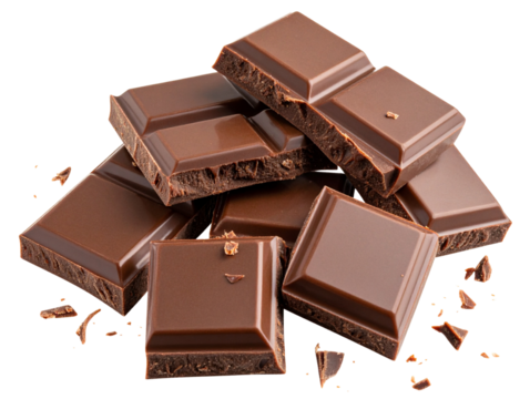 Hershey’s Chocolate Segments with Bite and Debris, Diagonal Layout, Transparent Background 