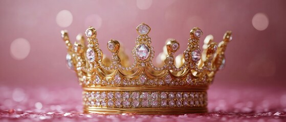 A golden crown with sparkling gems on a pink surface.
