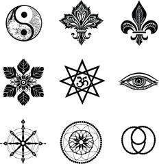 Symbols of Insight  Monochrome Grid of Spiritual, Classical, and Analytical Icons Including Yin-Yang, Fleur-de-Lis, Om Star, and Mandala