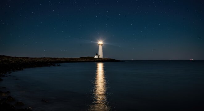 Illuminated lighthouse shines brightly at night, casting reflection upon the dark water under a starlit sky - Powered by Adobe