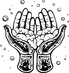 Cleansing Grace ] Monochrome Illustration of Ornamented Hands Cupped with Foam and Bubbles Representing Ritual, Care, and Everyday Purity