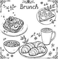 Brunch Bliss  Monochrome Illustration Featuring Avocado Toast, Croissants, Pizza Slice, Coffee, and Berries in a Floral Weekend Spread