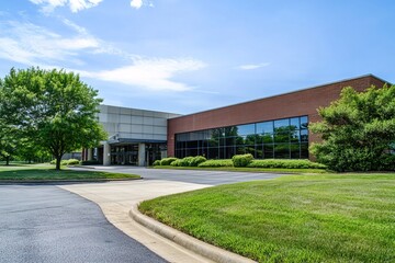 Fototapeta premium Exterior view of factory with bold industrial architecture, surrounded by lush green landscaping under clear blue sky, captured in wide angle with bright natural light