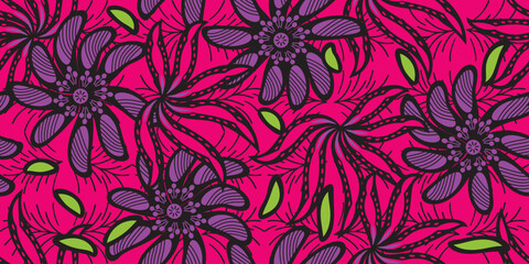 Bold African floral pattern with vibrant magenta background, featuring purple flowers and green leaves. Seamless tribal textile design ideal for fashion, fabric, wallpaper, and ethnic-inspired decorat