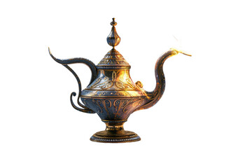 Enchanted magical lamp with golden shine on transparent background