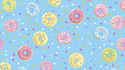Colorful glazed donuts in a repeating pattern.
