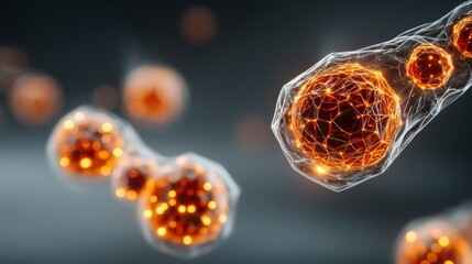 Digital-style biological visualization featuring a large spherical structure with glowing orange-red lattice pattern, 