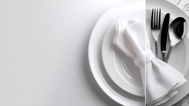 Table setting, white tableware,  folded napkin