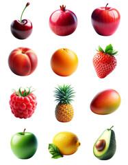 Fresh collection of fruit includes Cherry, Pomegranate, strawberry, orange, apple, lemon, Pineapple, Raspberry, peach, avocado, and mango isolated on white. Generative AI