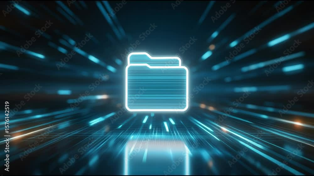 Wall mural digital folder icon glowing with blue light futuristic data stream and network environment, symboliz
