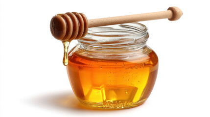 Honey dripping from wooden dipper into glass jar