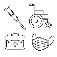 Medical Line Icons Including Crutch, Wheelchair, First Aid Kit, and Face Mask