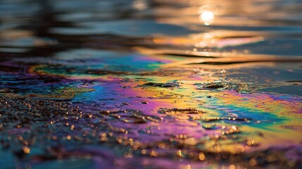 Close-up photo of oil slick floating on water surface, with iridescent rainbow colors and soft ripples under sunlight, perfect for environmental topics and pollution awareness projects
