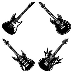 Fototapeta premium Four electric guitars arranged in a square formation with varying body shapes and headstock designs