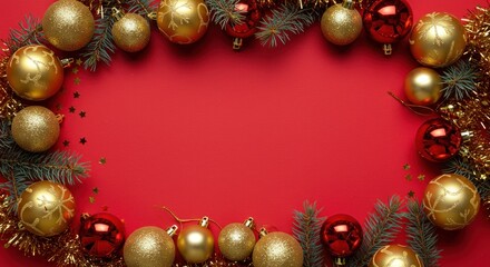 Festive flatlay. Red backdrop frames a garland of gold & red baubles, pine needles, & tinsel. Scattered stars add sparkle, creating a circular holiday border