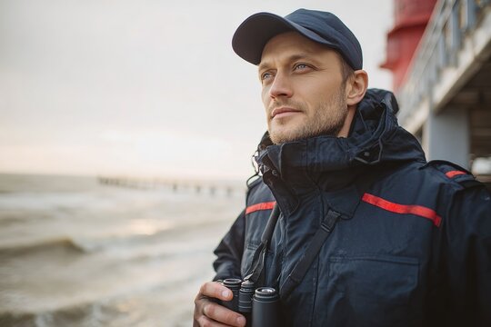 Portrait of a proud coast guard officer standing by the sea with binoculars in hand 