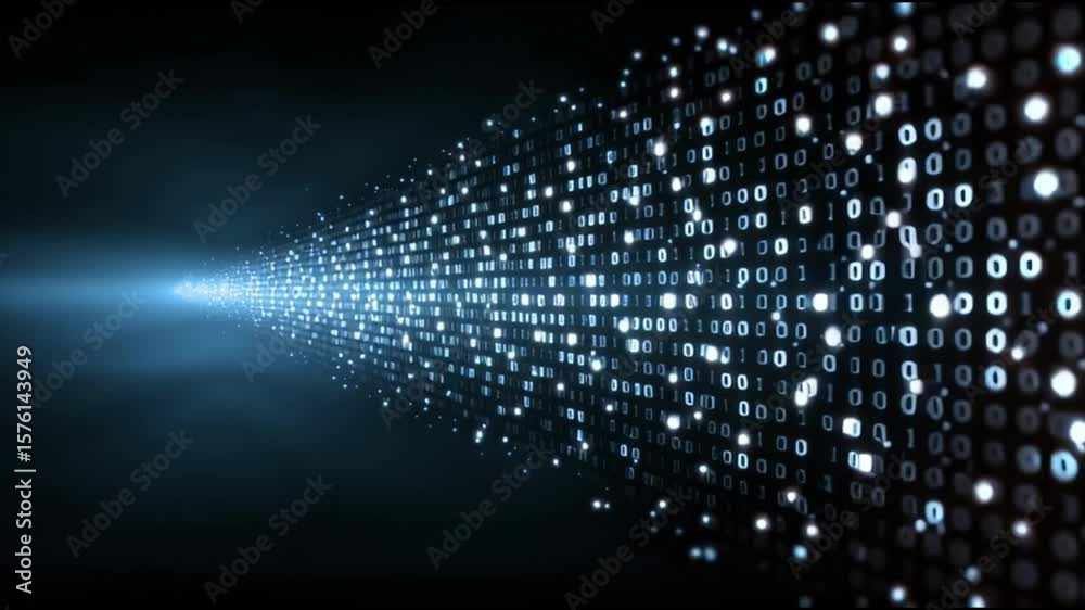 Aufkleber Binary code digital data stream with glowing light beams, abstract futuristic technology showcasing dynamic flow of programming and endless information in dark cyberspace environment