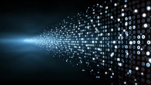 Binary code digital data stream with glowing light beams, abstract futuristic technology showcasing dynamic flow of programming and endless information in dark cyberspace environment
