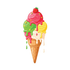 A colorful ice cream cone with three scoops of melting ice cream.