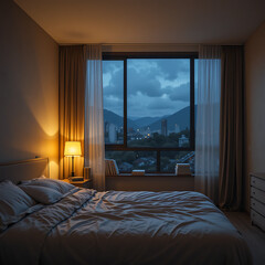 Cozy bedroom with a soft-lit ambiance. 