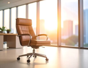 Office chair by a large window at sunset