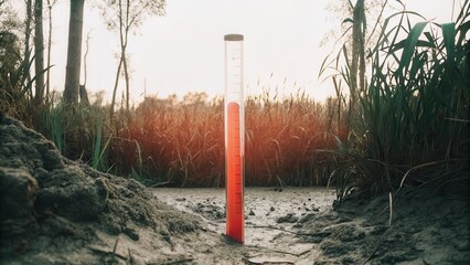 Fototapeta premium Measuring device in a field with grass and crops, indicating environmental conditions.