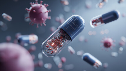 Futuristic digital capsule with embedded technology floats among virus particles, symbolizing advanced medical innovation and AI diagnostics in healthcare