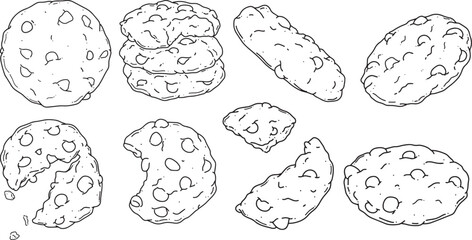 Vector illustration of chocolate chip cookies in line art style. Hand-drawn and detailed sketch perfect for bakery branding, packaging design, cafe menus, recipe books, food blogs, or dessert-themed.