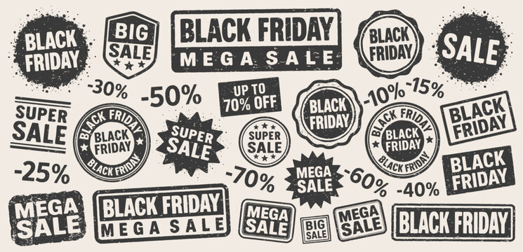 Black Friday Sale grunge stamp vector set. Black Friday retro rubber stamp template collection. Mega sale stamp pack. Seal Black Friday. Vector illustration image. Isolated on white background. - Powered by Adobe