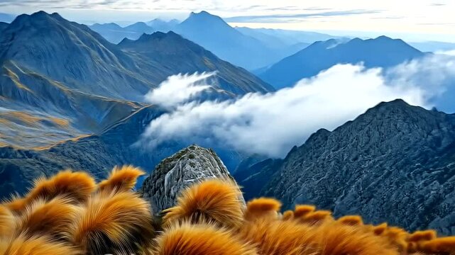 Majestic mountain range with clouds and native tussock grasses landscape scenery