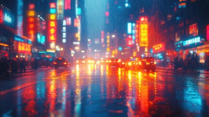 Rainy City Street at Night with Neon Signs and Vehicle Reflections