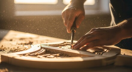 Close-up of hands skillfully carving intricate wood patterns on a wooden surface with fine sawdust in warm lighting.