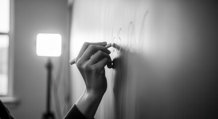 A hand writes on a whiteboard with a marker in a softly lit room, focusing on the act of writing and the texture of the board.