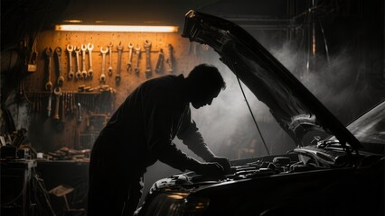 A mechanic works on a car engine in a dimly lit workshop with tools hanging on the wall and smoke or mist adding to the atmospheric scene.