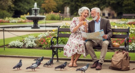 An elderly couple enjoys a drink and a map while sitting on a bench in a garden, surrounded by pigeons and blooming flowers.