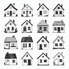 hand-drawn house vector set: 16 unique doodle cottages and urban facades for creative design projects
